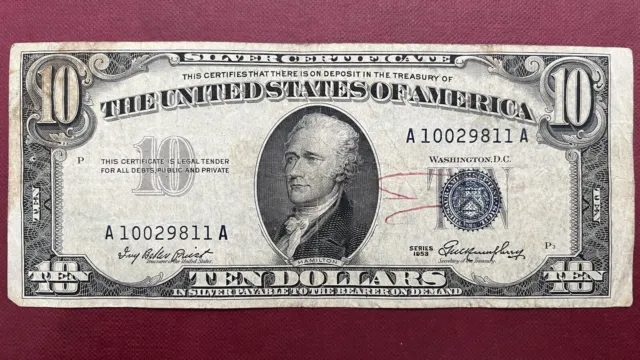1953 Ten Dollar Silver Certificate Note $10 Bill Blue Seal Circulated #58860