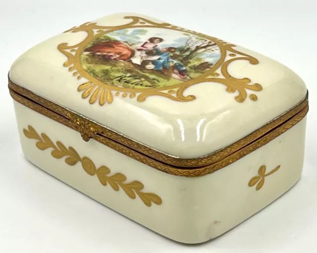 Delightful Fbs Hand Painted French Trinket Box; Courting Couple; Artist Signed