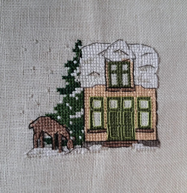 LKE Kreuzstich Stickbild point de croix  Acufactum Leinen Winter Haus Reh