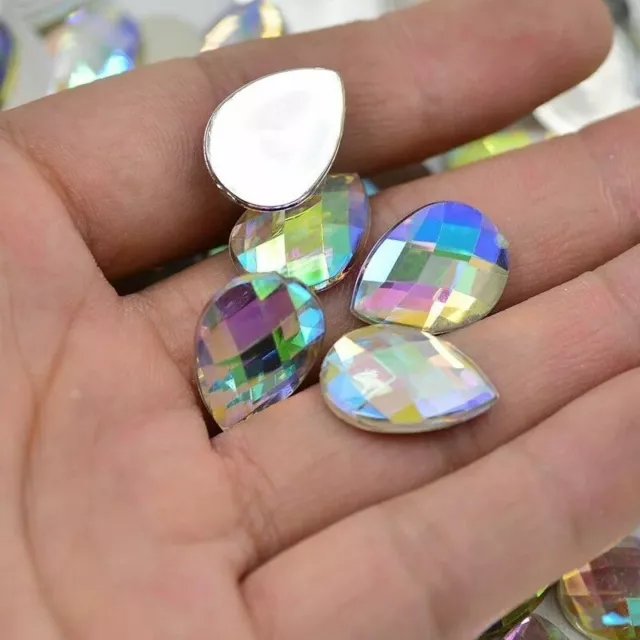 Large AB Flat Back Teardrop Acrylic Rhinestone Gem Crystal Clear 18mm Iridescent