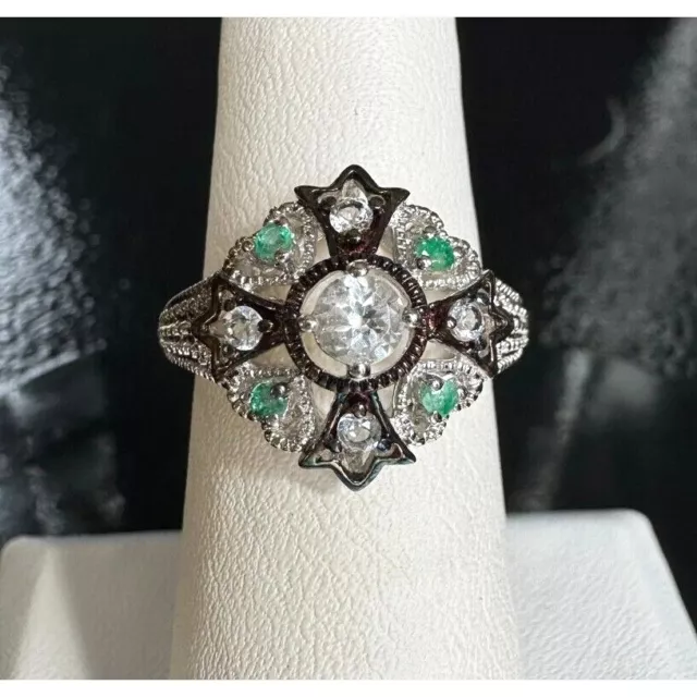 925 Sterling Silver Colorless Topaz And Emerald Ring Size 6 Sky