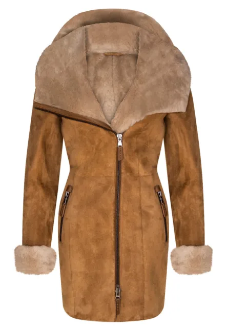 Ladies Tan Hooded Suede Shearling Sheepskin Coat Spanish Merino Brown Coat