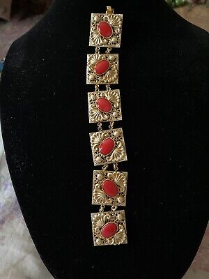 Vintage Art Deco Neiger?  Bracelet Gold Plated Stamped Brass Red Cabochons 2