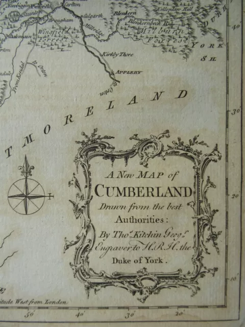 c1764 Original English Antique County Map of CUMBERLAND by Thomas Kitchin 2