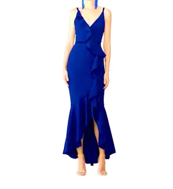 Marchesa Notte Dress Velvet-trimmed Ruffled Cady Gown in Royal Blue Size 12