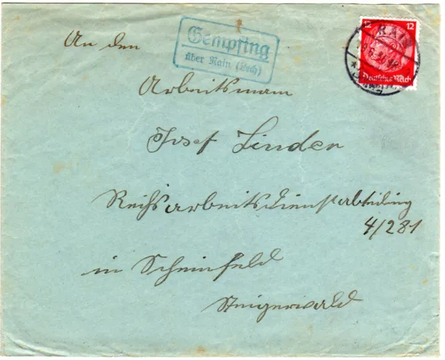 DR 1941, Landpost Stpl. GEMPFING über Rain (Lech) auf Brief m. 12 Pf.