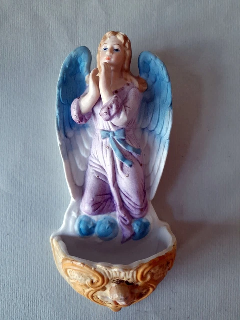Antique 19c old Porcelain Bisque Holy Water Fountain Font Container Angel