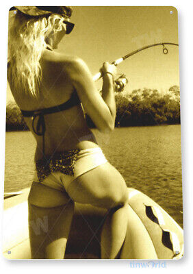 Good Catch Pin-up Girl Fishing Hot Rod Reel Fish Metal Decor Tin Sign B669