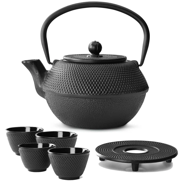 Asia Tee Set Teekanne Teesieb 4 Becher Untersetzer Teeservice Gußeisen 1,1 L