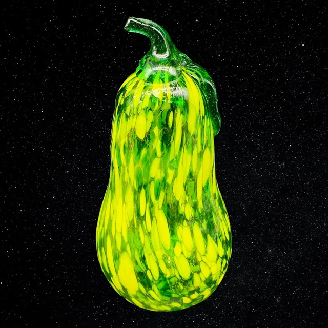 Vintage Art Glass Yellow Green Mottled Pear Fruit Hand Blown 7.25”T 3”W 3