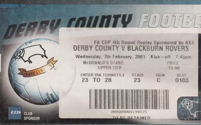 Ticket - Derby County v Blackburn Rovers 07.02.01 FA Cup