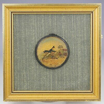 Antique 19th Century oil wood miniature painting Men on Bicycles indistinct sign