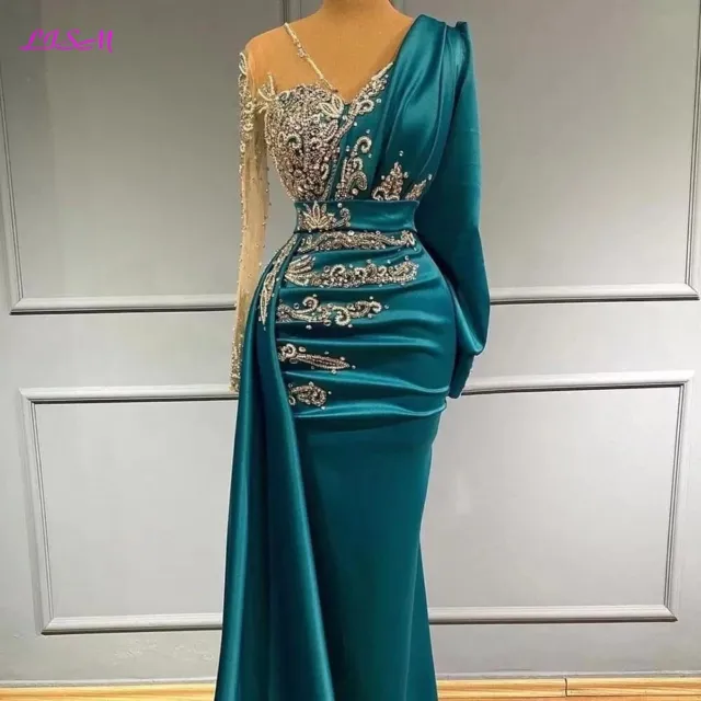 Luxury Long Sleeve Evening Dresses Satin Dubai Women Formal Party Evening Gowns 2