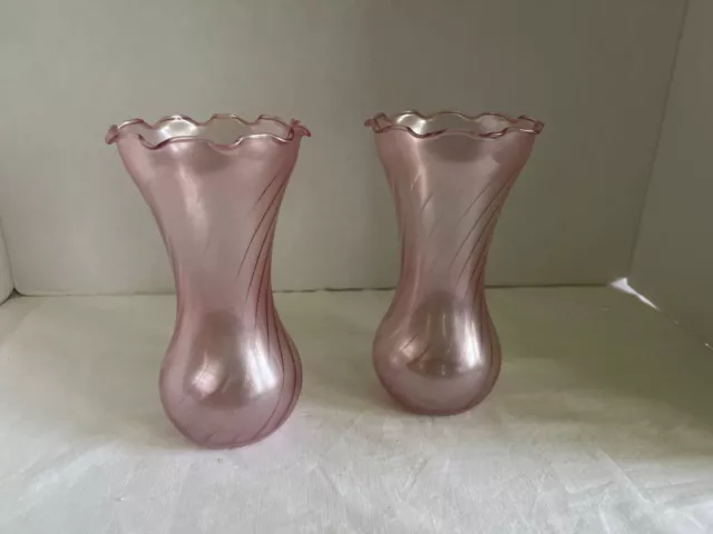 Vintage Pair Frosted Pink Depression Glass Vase Swirled Fluted Tops Mint 7"