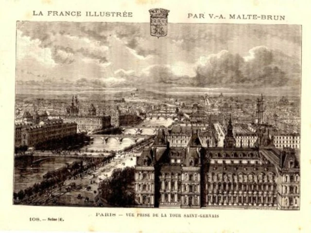 GRAVURE SUR BOIS PAR MALTE BRUN 19ème PARIS VUE PRISE DE LA TOUR SAINT GERVAIS