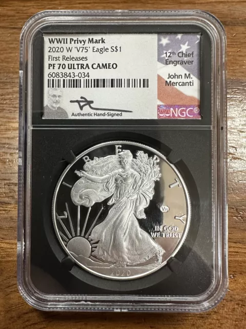 2020 W $1 V75 Privy WWII SILVER EAGLE NGC PF70 ULTRA CAM MERCANTI SIGNED
