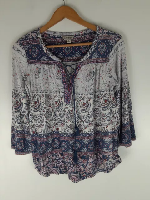 Lucky Brand Women's Gray & Purple Floral Paisley 3/4 Sleeve Tassel Top Boho M