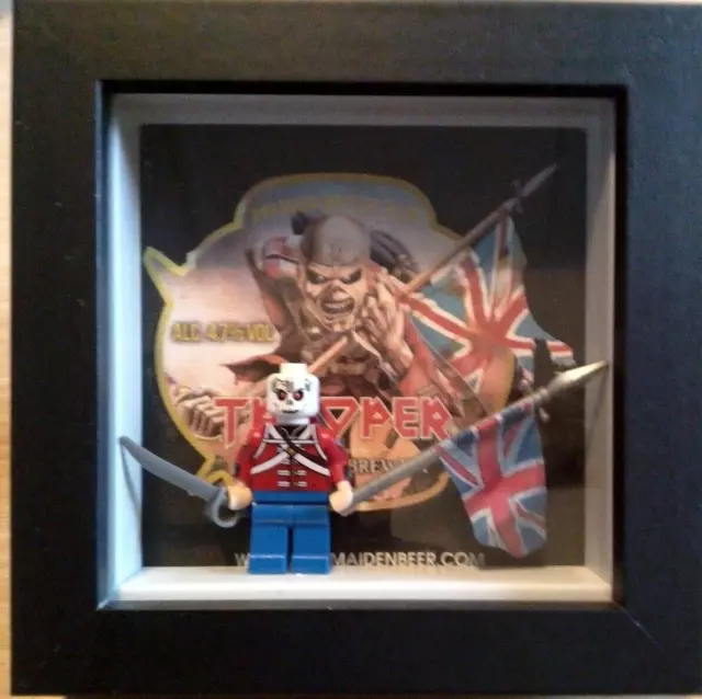 Framed Iron Maiden Trooper Beer Mat with Fan Made Lego Trooper Eddie