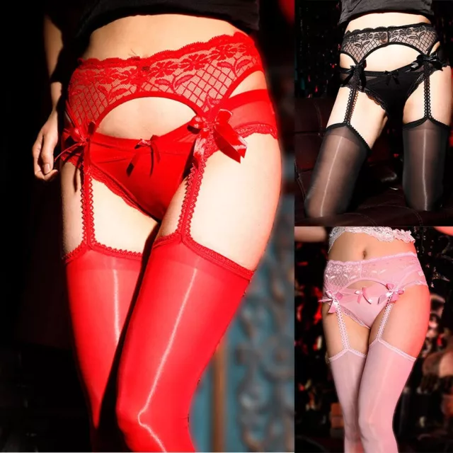 Shiny Lace Thigh High Stockings with Garter Belts Red/White/Black/Pink