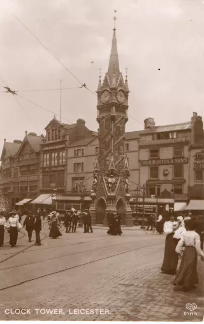 RP Postcard - Clock Tower, Leicester.   Electric Trams.