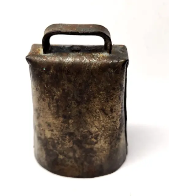 Vintage Antique Solid Brass? Metal Cow Bell w/ Clapper Great Patina 6X4.5x3