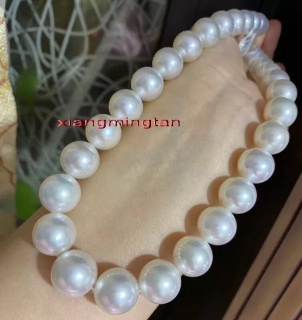Big AAA++ 17"13-14mm NATURAL REAL Round south sea white pearl necklace 14K gold