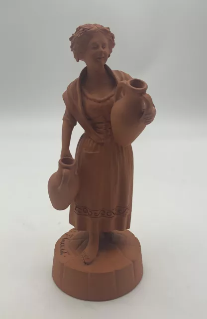 Vintage Grasso Terracotta Clay Figurine Of Woman With Pots, Italy