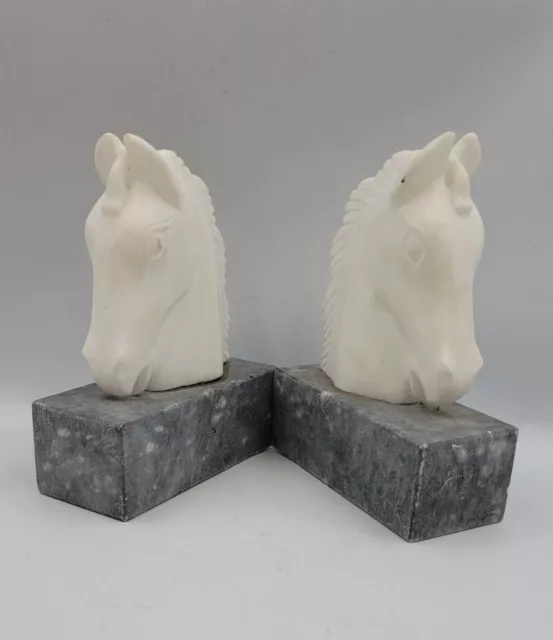 Vintage Art Deco Italian Alabaster Horse Head Bookends Granite Base E&R ITALY