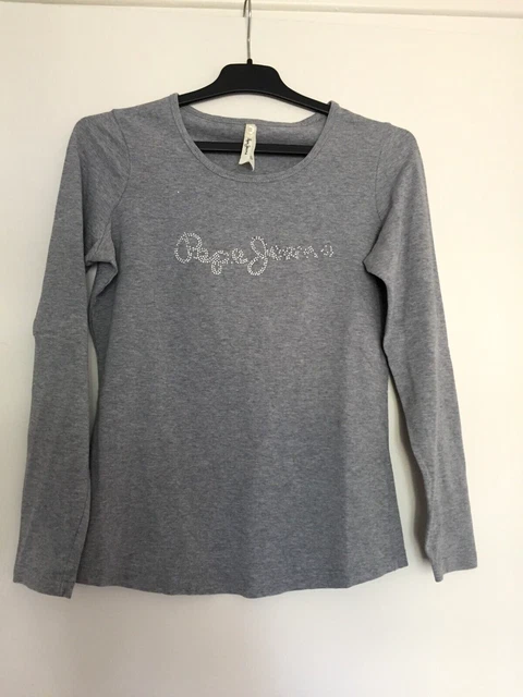 PEPE JEANS Très Beau Tee Shirt Femme Gris avec Strass Brillants Taille S TBE