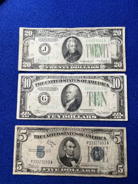 Lot Of (3) Federal Reserve Note-$20,$10,And $5 Notes! All From 1934! Nice Set!