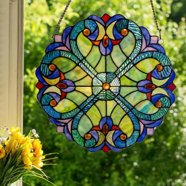 Tiffany Style Stained Glass Round Window Panel Boho Heart Hanging Sun Catcher