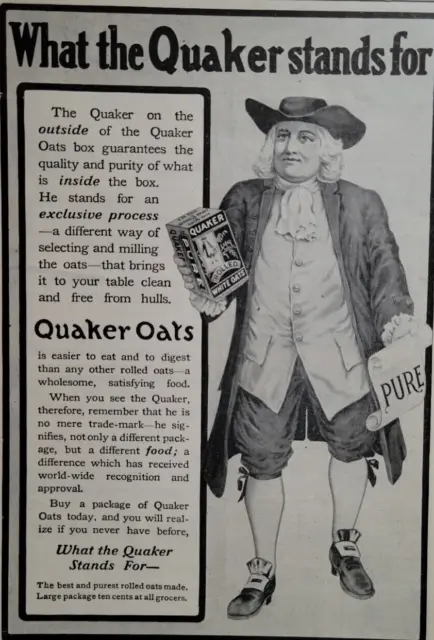Quaker Oats "What The Quaker Stands For" 1906 Outlook Ad Original ~6x9.5"