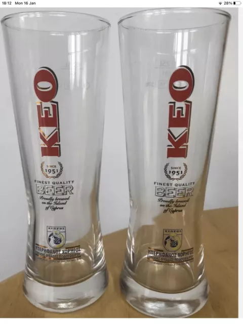 (2 X Cyprus  Limited Edition   KEO Half Pint Beer Glasses  Brand New