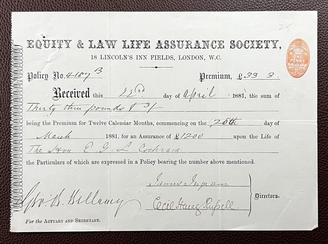 1881 Equity & Law Life Assurance Society, Lincoln's Inn Fields, London Receipt