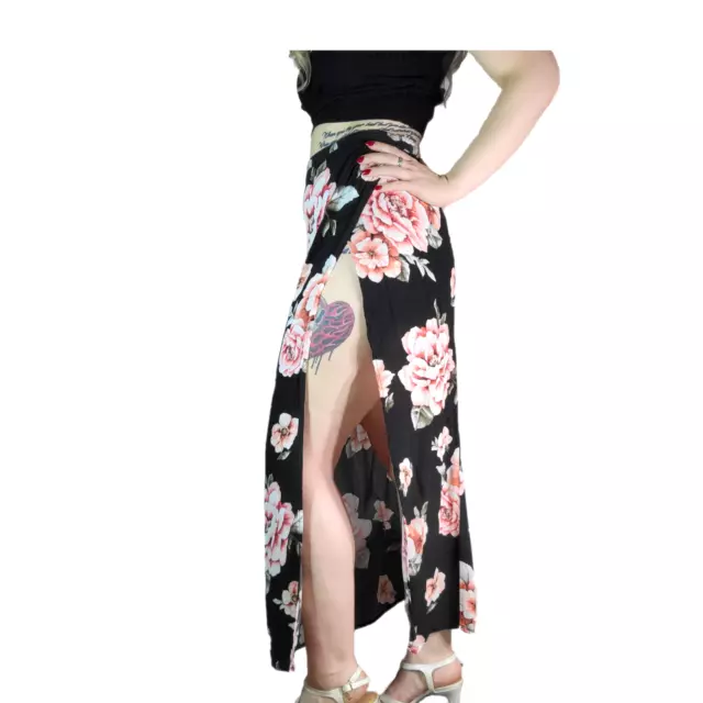 Forever 21 Skirt Womens Small Black Pink Floral Flower Long Flowy Side Slit Maxi 2