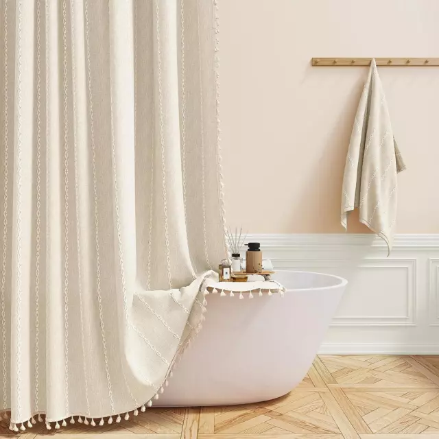 Extra Long Shower Curtain - 72X84 Long Boho Chic Striped Tassel Linen Fabric Sho