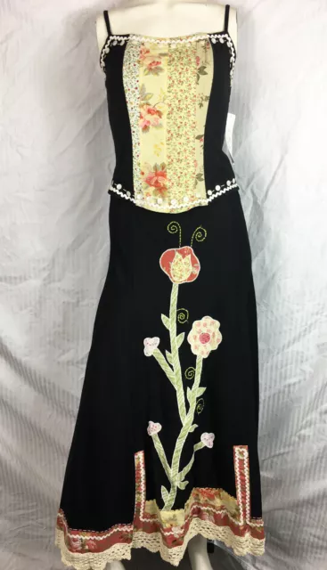 L NWT Luna Luz Floral Applique Boho Prairie Skirt Cami Summer Set Dress Cotttage