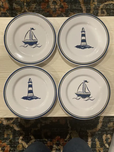 Sonoma Home Goods Blue Light House and Sail Boat Dessert Plates 8" Wide Set of 4