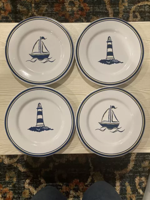 Sonoma Home Goods Blue Light House and Sail Boat Dessert Plates 8" Wide Set of 4