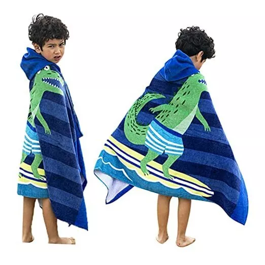 Kids Hooded Beach Bath Towels, 100% Cotton 50"x30" Wrap Surfing Crocodile