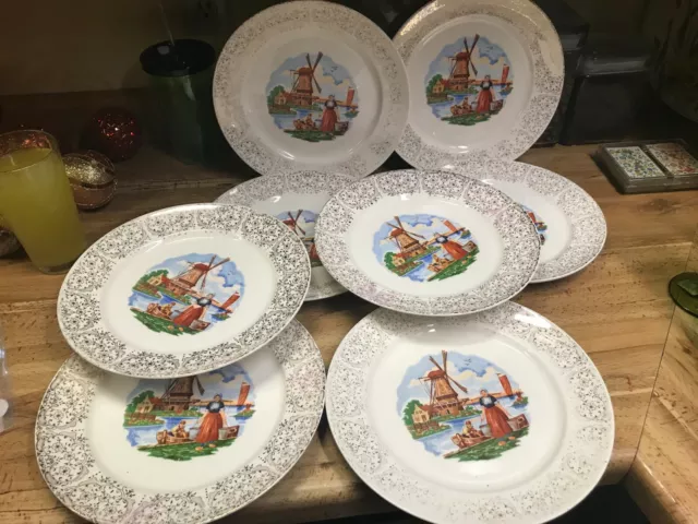 VINTAGE LOT OF 8 STETSON 22KT 10" Dinner Plates-DUTCH GIRL WITH WINDMILL SECONDS
