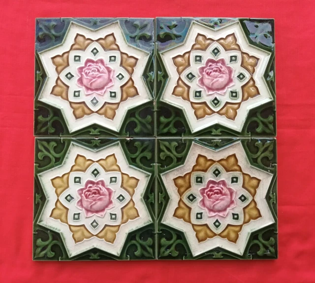 4 Piece Lot Old Art Flower Design Embossed Majolica Ceramic Tiles England 0271