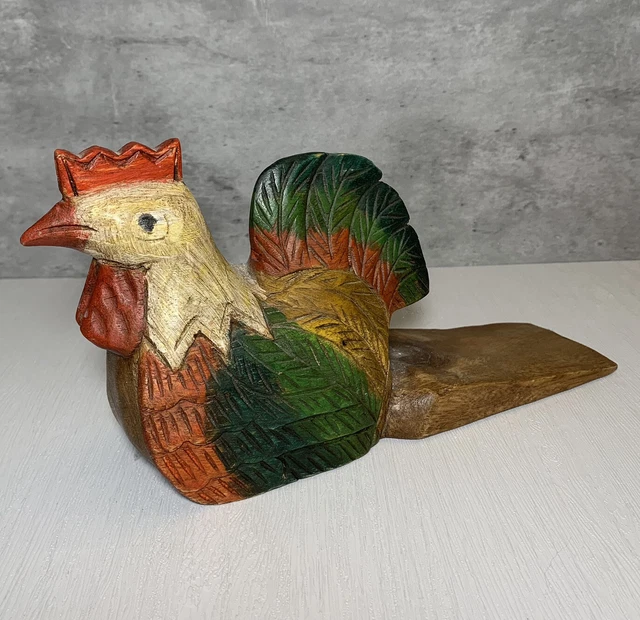 Vintage Hand Carved Wood Painted Rooster Folk Art Style Figurine Doorstop 11"