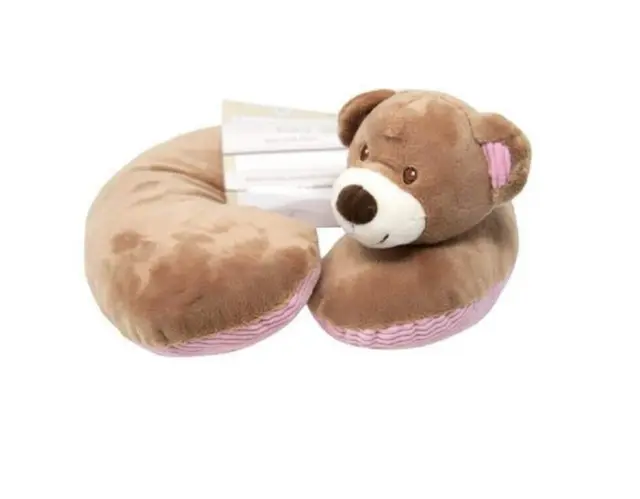 KellyBaby Brown Bear Baby Neck Pillow with Pink Trim TRAVEL SAFE-COMFORTABLE