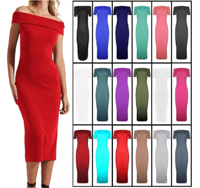 Ladies Women's Short Sleeve Off The Shoulder Bardot Bodycon Midi Dress Plus Size