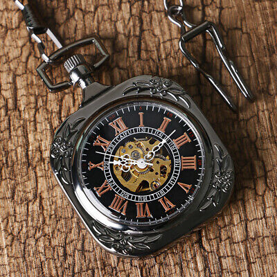 Mens Vintage Mechanical Windup Skeleton Pocket Watch Black Pendant Chain Gifts