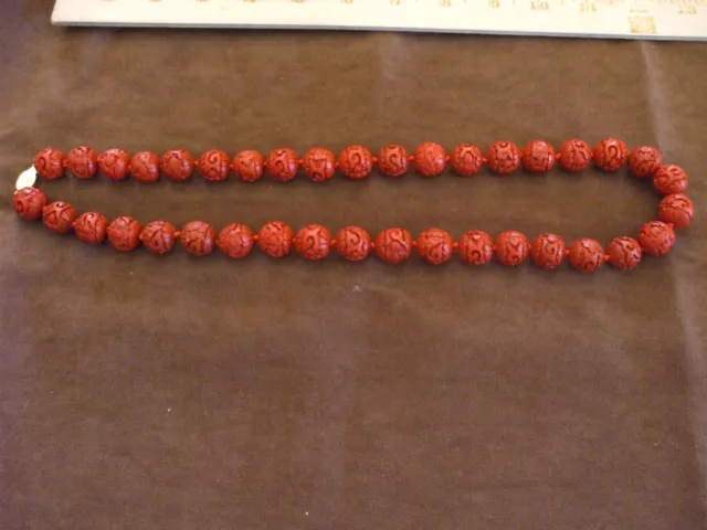 Vintage Chinese Carved Red Faux Cinnabar Bead Necklace