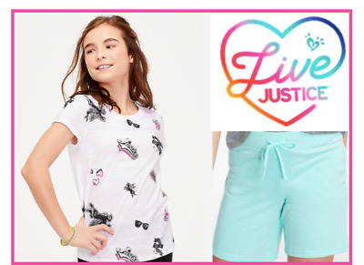 *New* Justice Girls Size 8 Fun Sticker Print Top N Bermuda Shorts Outfit Set