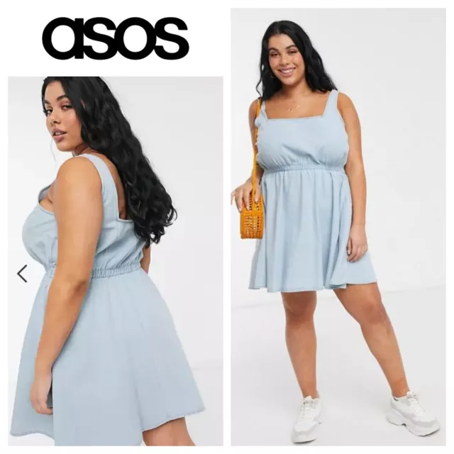 ASOS Curve 18 1X 2X Dress Jumper Overall Denim Chambray Blue Slvlss Pockets  P