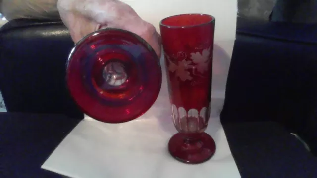 A Pair Of Mid To Late 19Th Century Approx. 9" Tall Bohemian Ruby Red Cut & Engra 3